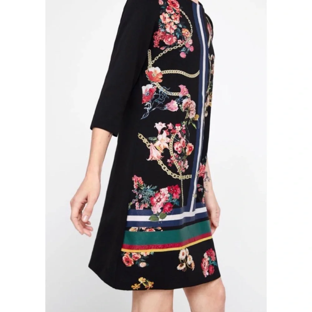 ZARA • Black/Multi Floral and Chain Print Mini Dress, S - Picture 2 of 14